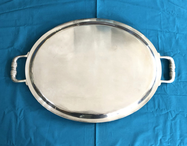 large oval serving tray with CHRISTOFLE handles, MALMAISON model, silver metal