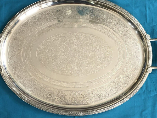 large oval serving tray with CHRISTOFLE handles, MALMAISON model, silver metal