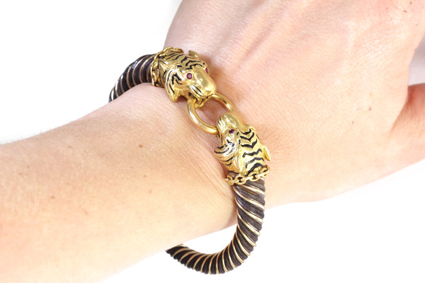 Gay Freres tigers bracelet in 18k gold and silver, bangle tiger bracelet, signed bracelet