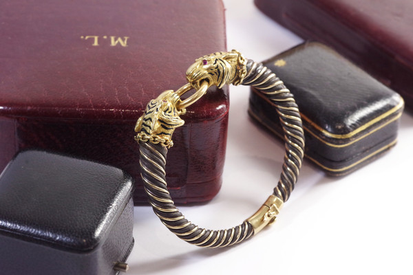 Gay Freres tigers bracelet in 18k gold and silver, bangle tiger bracelet, signed bracelet