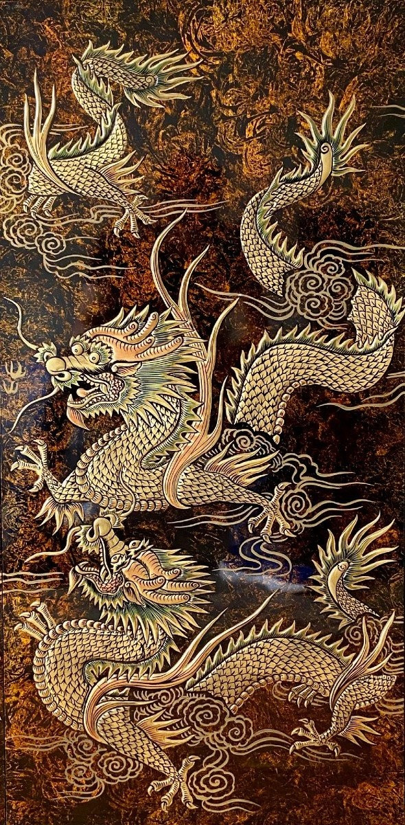 Vietnam, Années 1960/1970, Importante Paire De Panneaux De Laque Dragons Et Perle Sacrée. 