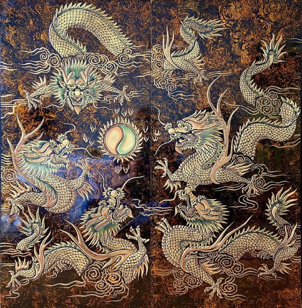 Vietnam, Années 1960/1970, Importante Paire De Panneaux De Laque Dragons Et Perle Sacrée. 