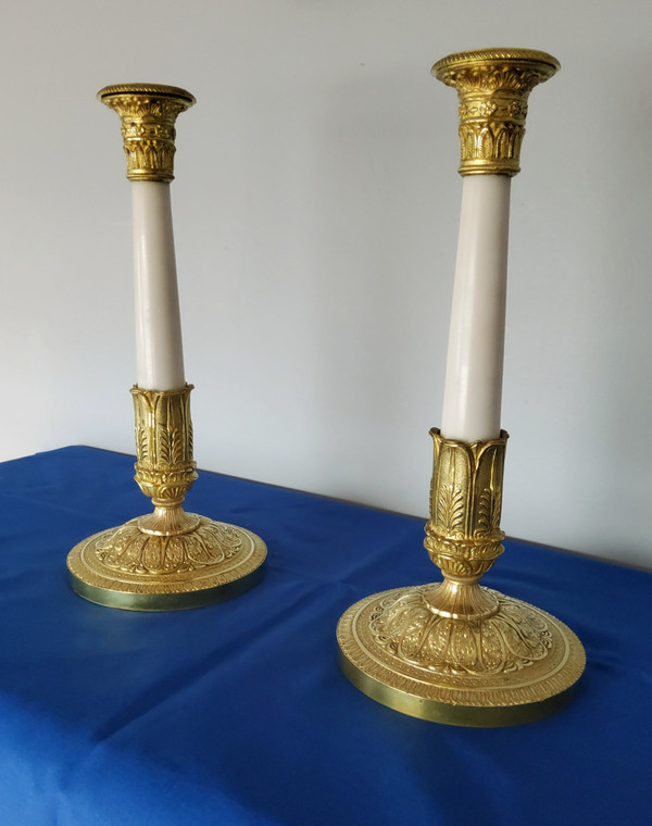 Pair of Candlesticks in gilded bronzes and white Carrara marble late 19th Century Empire Style