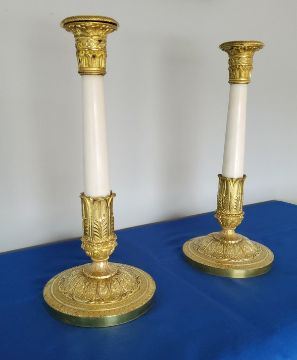 Pair of Candlesticks in gilded bronzes and white Carrara marble late 19th Century Empire Style