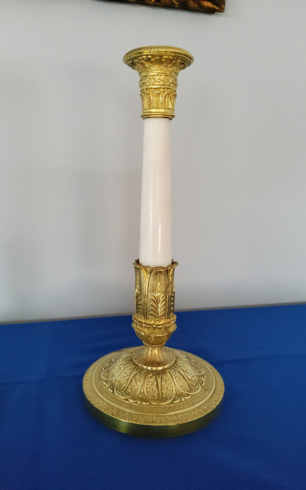 Pair of Candlesticks in gilded bronzes and white Carrara marble late 19th Century Empire Style