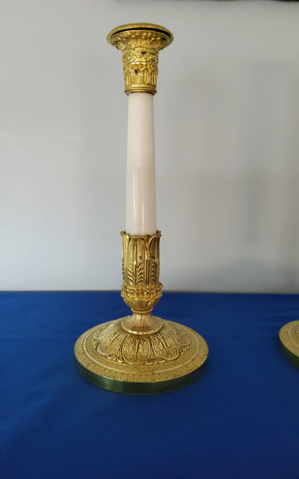 Pair of Candlesticks in gilded bronzes and white Carrara marble late 19th Century Empire Style