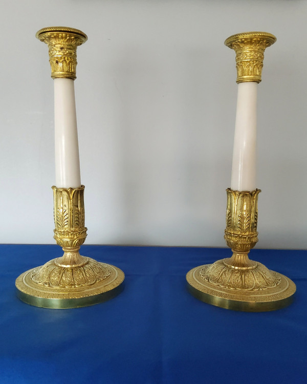 Pair of Candlesticks in gilded bronzes and white Carrara marble late 19th Century Empire Style