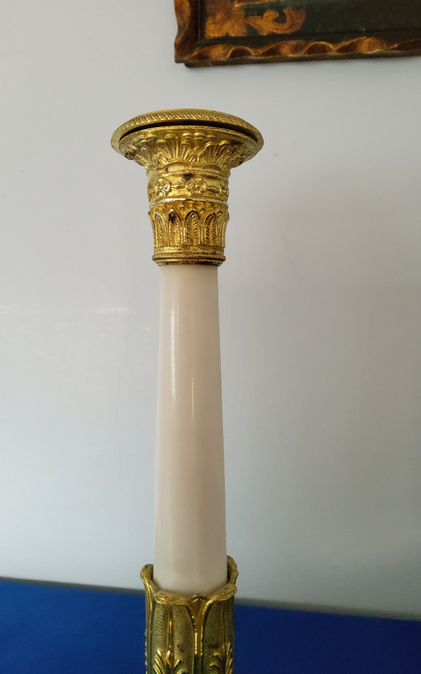 Pair of Candlesticks in gilded bronzes and white Carrara marble late 19th Century Empire Style