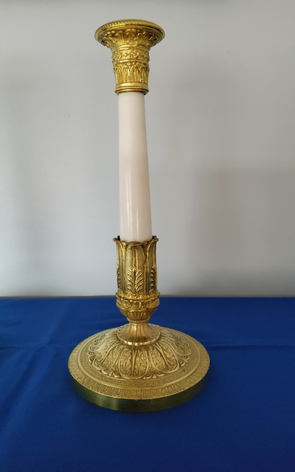 Pair of Candlesticks in gilded bronzes and white Carrara marble late 19th Century Empire Style