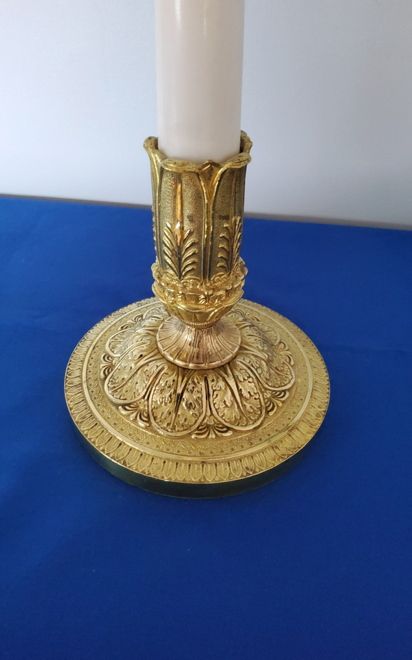 Pair of Candlesticks in gilded bronzes and white Carrara marble late 19th Century Empire Style