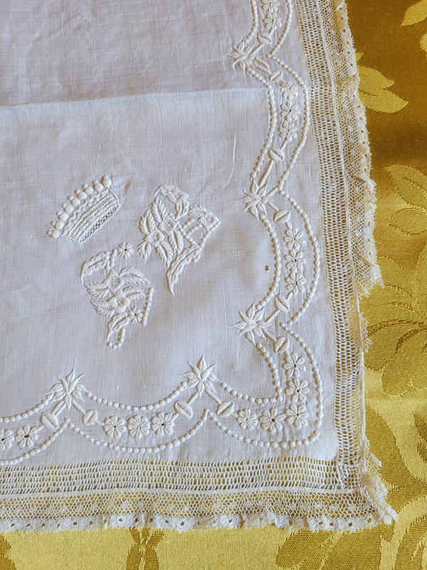 Two handkerchiefs embroidered with crowns and monograms, 19th century period