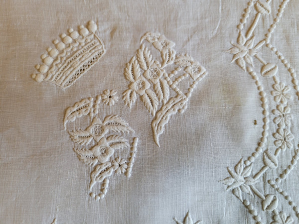 Two handkerchiefs embroidered with crowns and monograms, 19th century period