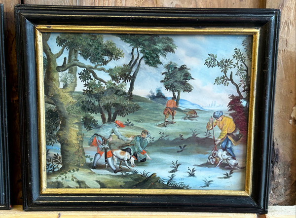 Pair Of 18th Century Glass Fixtures - Romantic Scene And Hunting Scene.