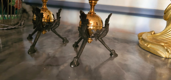 Pair of crystal and bronze soliflores, tripod feet, 19th century