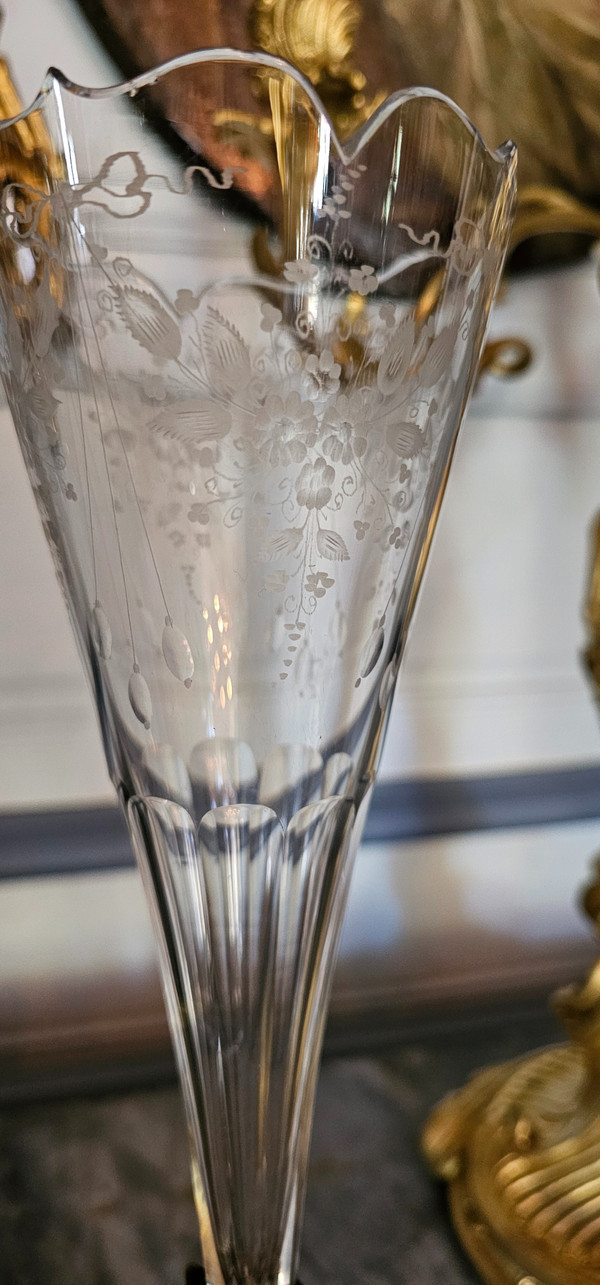 Pair of crystal and bronze soliflores, tripod feet, 19th century