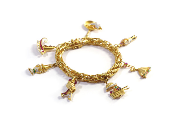 Bracciale con ciondoli in oro giallo 18 carati, lanterna, deambulatore, carretto, braccialetto con ciondoli, gioielli vintage