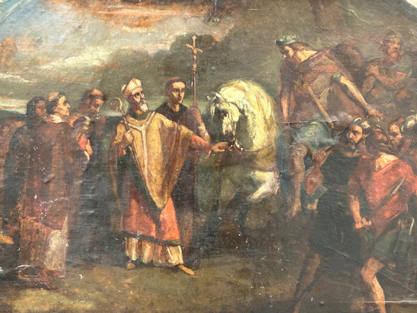 Oil painting on cardboard depicting Pope Leo I asking Attila not to invade Rome in 452