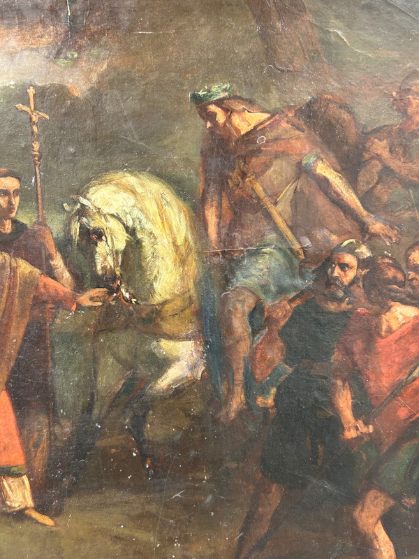 Oil painting on cardboard depicting Pope Leo I asking Attila not to invade Rome in 452