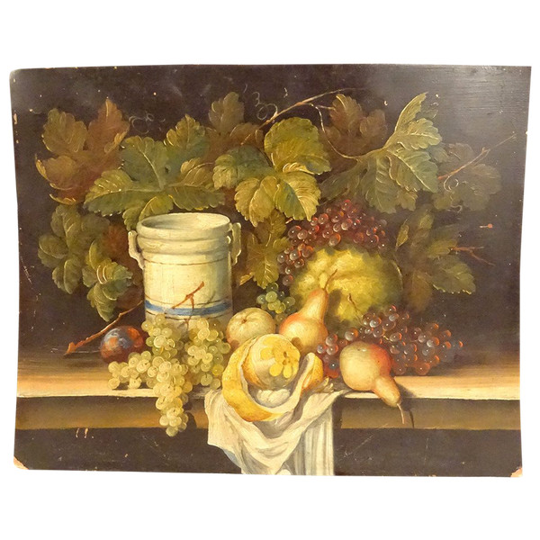 HSC Tableau Nature Morte Fruits Orange Grappes Raisins Poire Vigne XIXème