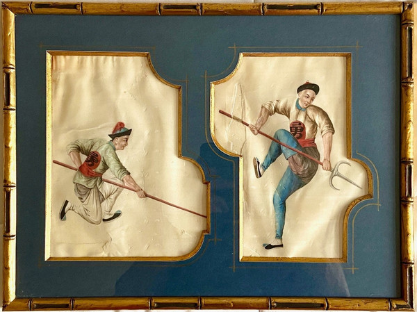 Chine, Vers 1900, Ensemble De Deux Gouaches Sur Papier De Riz Militaires Aux Lances.