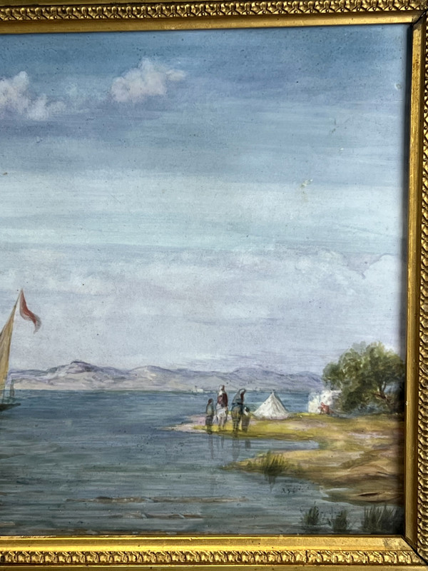 PAINTING / PAINTING ON CERAMIC PLATE “ORIENTAL LAKE SCENE” FRAMED