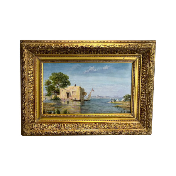 PAINTING / PAINTING ON CERAMIC PLATE “ORIENTAL LAKE SCENE” FRAMED