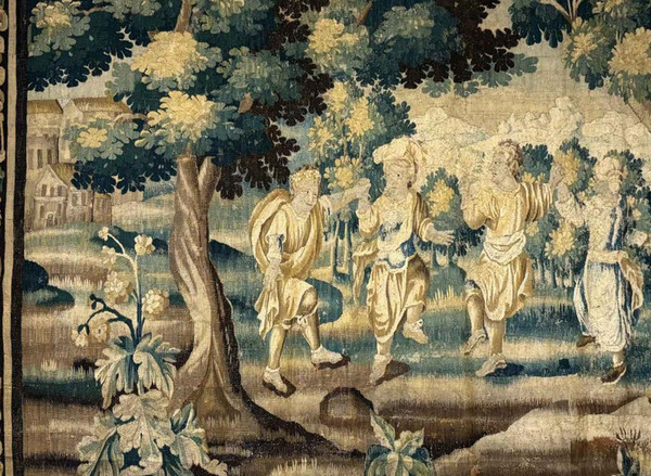 Grande tapisserie Aubusson personnages Danse paysage château blason XVIIème