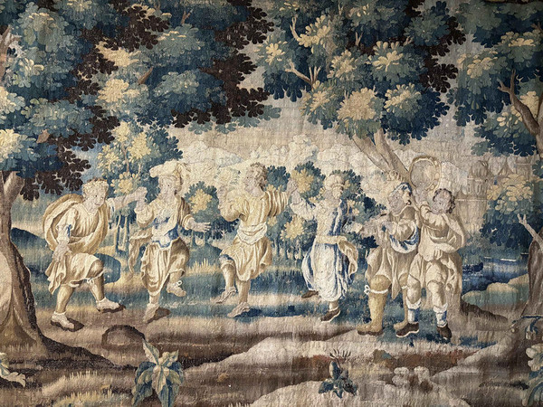 Grande tapisserie Aubusson personnages Danse paysage château blason XVIIème