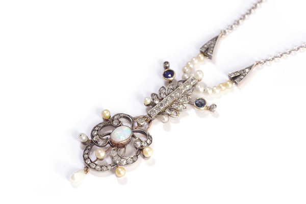 Opal diamond pendant necklace in 9k gold and silver, Belle Epoque necklace, Edwardian pendant