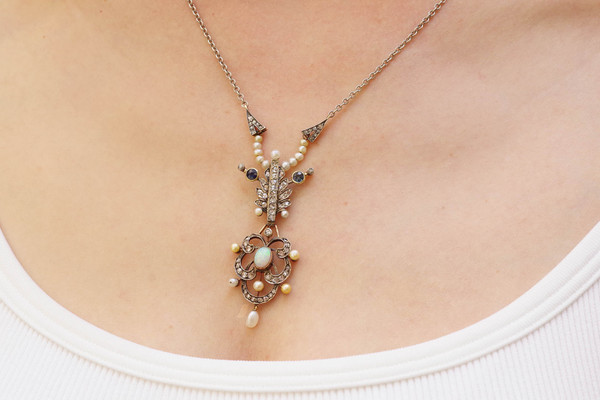 Opal diamond pendant necklace in 9k gold and silver, Belle Epoque necklace, Edwardian pendant