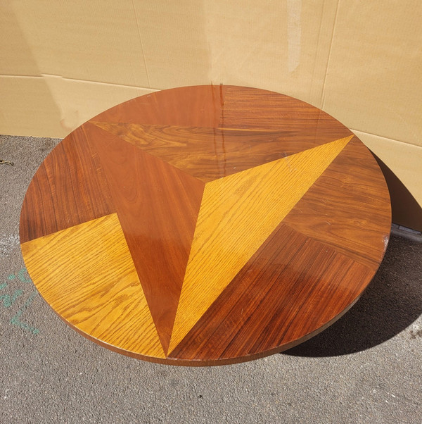 Grande table basse ronde en marqueterie de bois