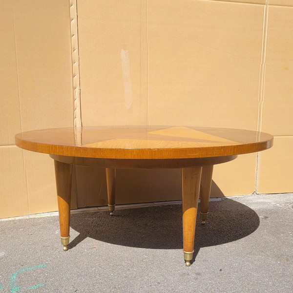 Grande table basse ronde en marqueterie de bois