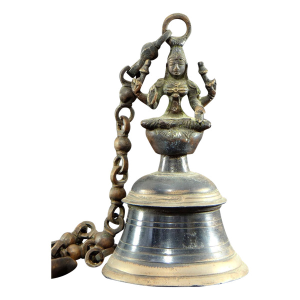 India, Mid-20th Century, Bronze bell adorned with a representation of the goddess Tripura.