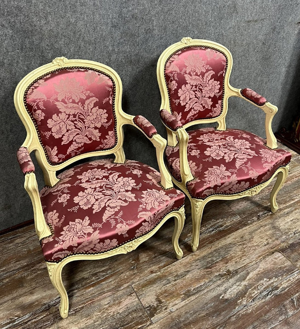 pair of Louis XV style cabriolet armchairs in lacquered and carved wood circa 1900