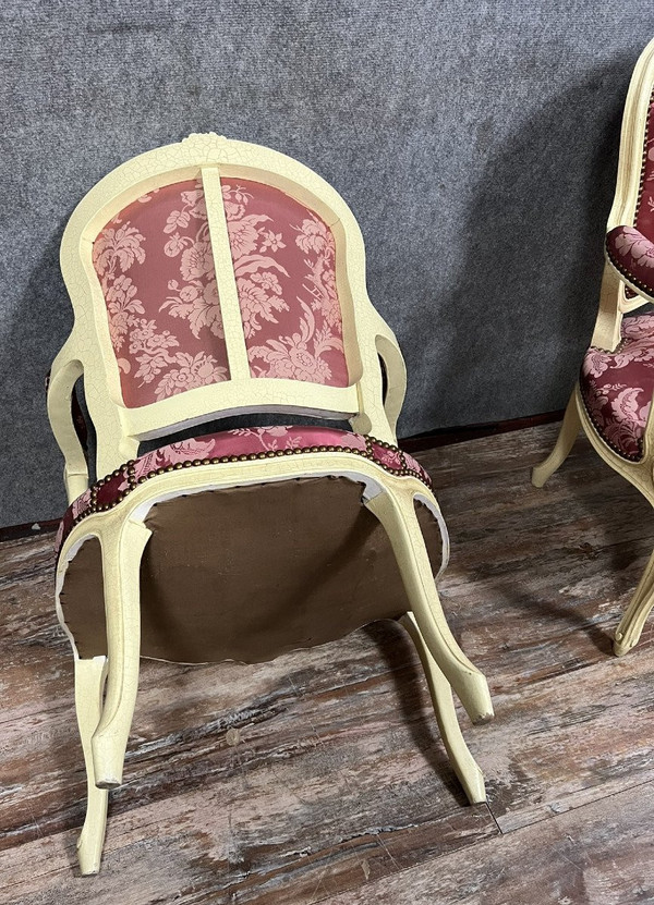 pair of Louis XV style cabriolet armchairs in lacquered and carved wood circa 1900