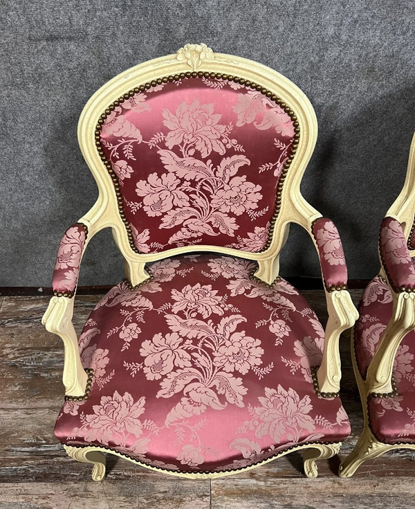 pair of Louis XV style cabriolet armchairs in lacquered and carved wood circa 1900