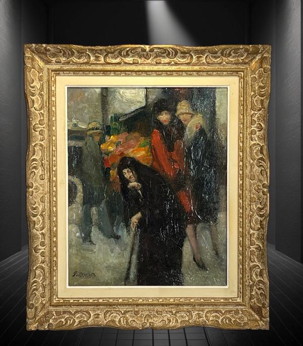 PAINTING / OIL ON CANVAS SIGNED BY PIERRE DE.BELAIR "ELEGANTES AU MARCHÉ" (ELEGANTS AT THE MARKET)