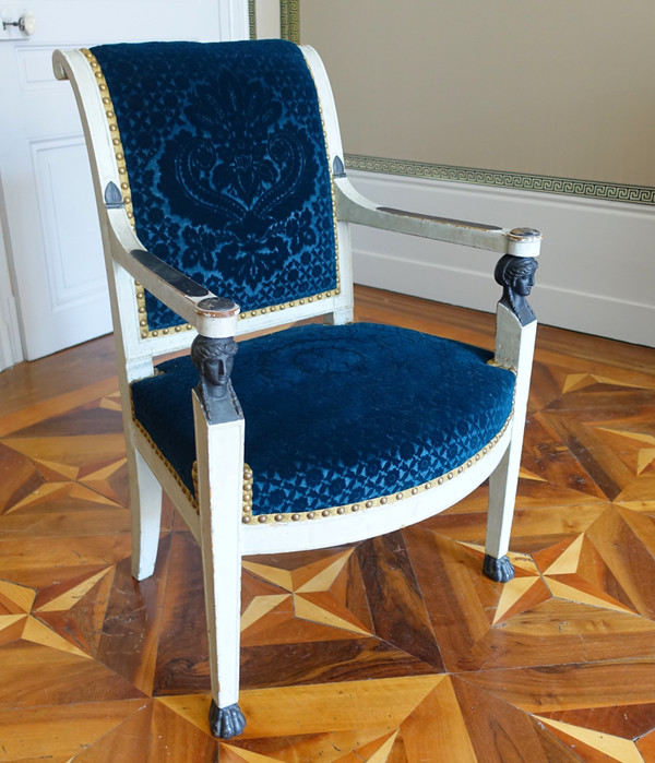 Pair of Consulat period armchairs in lacquered wood, velvet stamped Lelièvre-Bonvallet, circa 1800