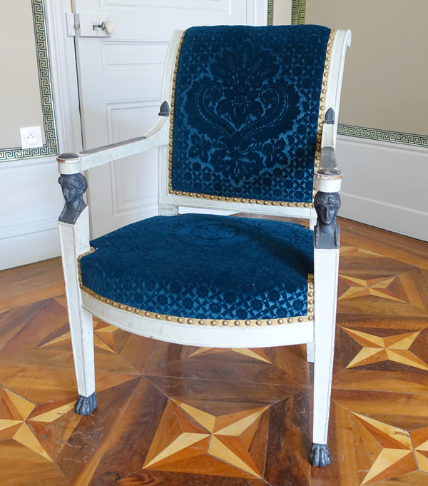 Pair of Consulat period armchairs in lacquered wood, velvet stamped Lelièvre-Bonvallet, circa 1800