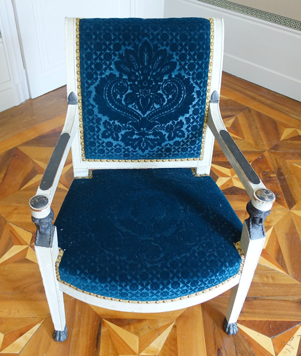 Pair of Consulat period armchairs in lacquered wood, velvet stamped Lelièvre-Bonvallet, circa 1800