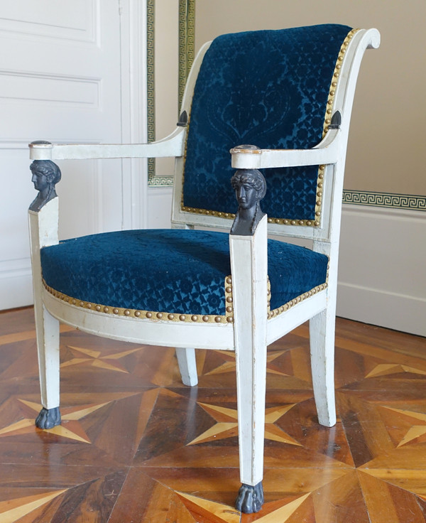 Pair of Consulat period armchairs in lacquered wood, velvet stamped Lelièvre-Bonvallet, circa 1800