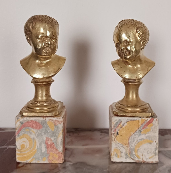 After Houdon - Jean qui rit et Jean qui pleure - pair of small bronze busts