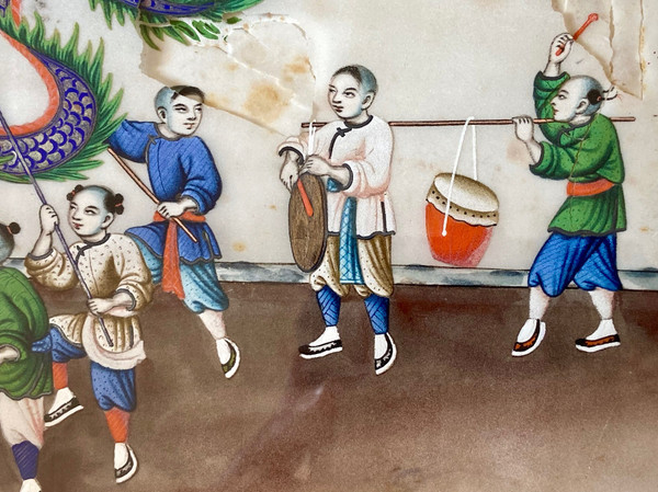 Chine Vers 1900, Gouache Sur Papier De Riz Figurant Des Enfants Défilant Avec Un Dragon.