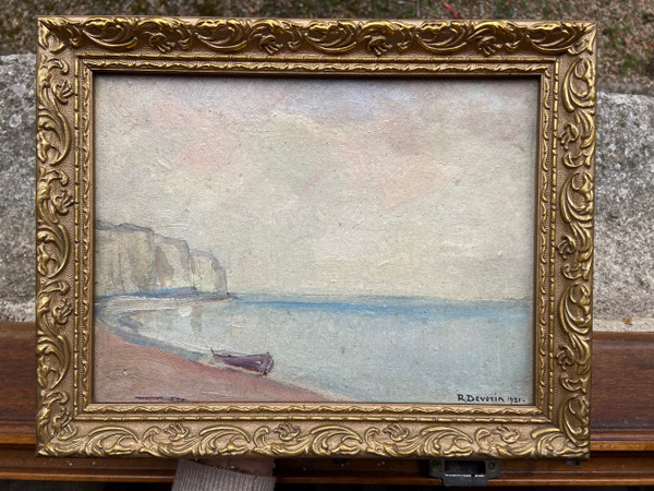 Oil on cardboard 'Plage de Normandie' by Roger DEVERIN