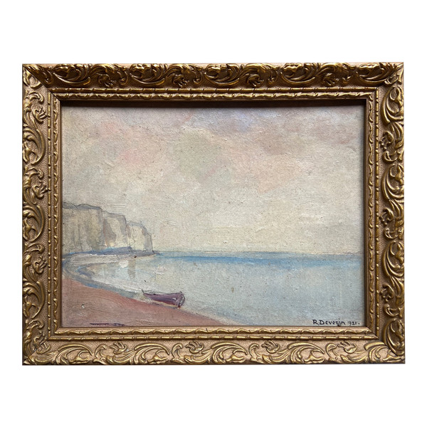 Oil on cardboard 'Plage de Normandie' by Roger DEVERIN