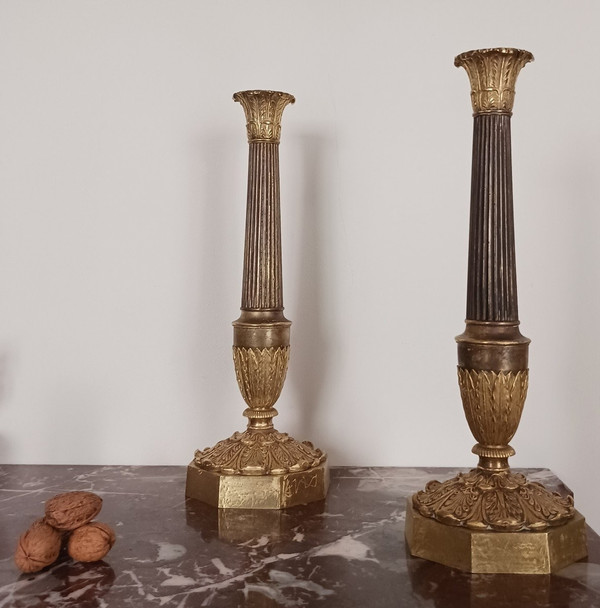 Paris, Restoration period - very large pair of candlesticks, torches - gilt bronze, patinated