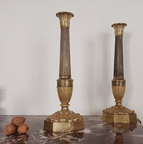 Paris, Restoration period - very large pair of candlesticks, torches - gilt bronze, patinated