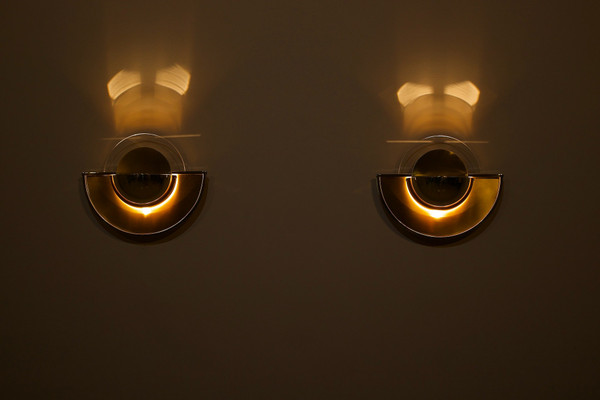 Pair of Postmodernist half-moon sconces.