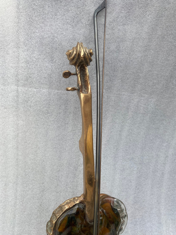 1970/80 Lampe Violon En Bronze Et Pate De Verre , Sculpture Signée LOHE