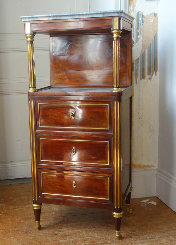 Barbière table de toilette d'époque Louis XVI Directoire en acajou et marbre bleu Turquin